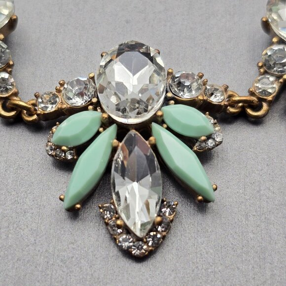 J.Crew Rhinestone & Acrylic Statement Necklace 16" Antique Gold Tone Mint Green - Picture 3 of 7